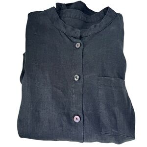 Hannah Lavery‎ Black Stonewashed Linen Band Collar Button Down Shirt Sz 8/US 4